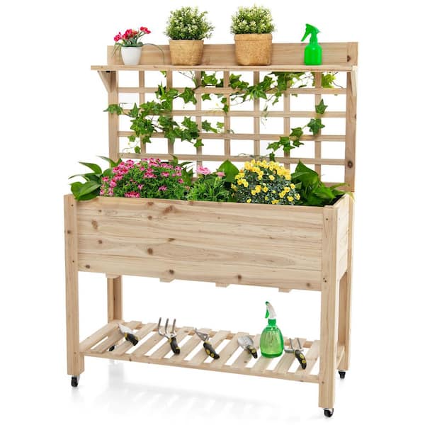 HONEY JOY 41.5 in. x 16 in. x 54 in. Wood Raised Garden Bed Elevated Planter Box with Wheels Bed Liner Top/Bottom Storage Shelves
