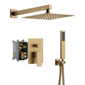 1-Spray Patterns with 10 in. Wall Mount Dual Shower Heads with Hand Shower Faucet in Brushed Gold (Valve Included)