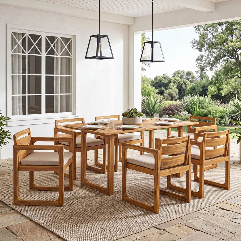 7-Piece Teak Finish Acacia Wood Rectangle Patio Outdoor Dining Set with Beige Cushions and Slatted Open Back Chairs price history on PriceWatchPro