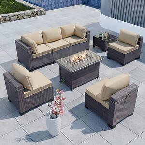 8-Piece Wicker Patio Conversation Set with 55000 BTU Gas Fire Pit Table and Glass Coffee Table and Sand Cushions
