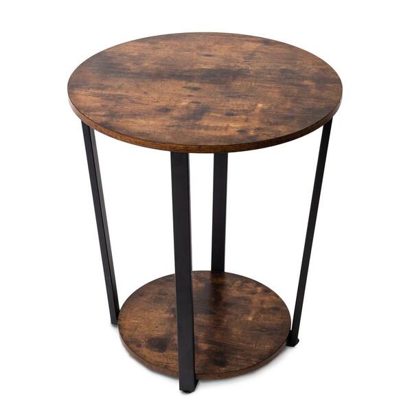 GOOD & GRACIOUS Industrial Rustic Brown Round Side Table with Sturdy Metal Frame