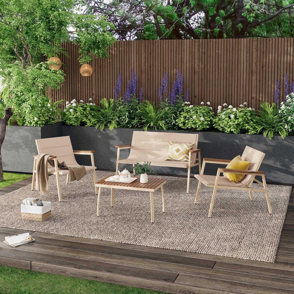 Unbranded 4-Piece Patio Conversation Sets with Acacia Wood Table and Beige Cushions KDS4MAM-WH-BE-1