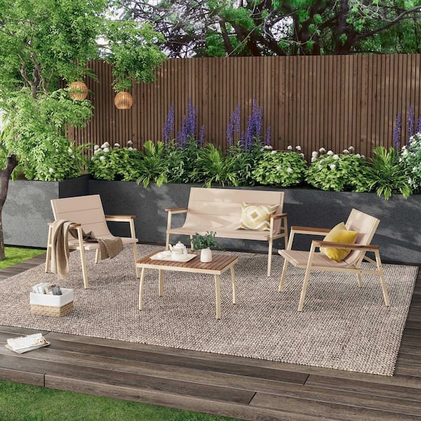 4-Piece Patio Conversation Sets with Acacia Wood Table and Beige Cushions