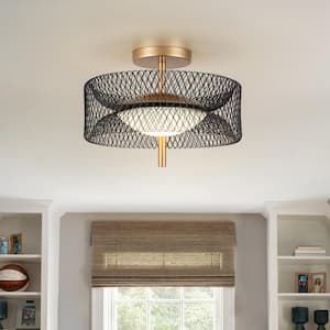 12.6 in. 23-Watt Black/Gold Integrated LED Semi-Flush Mount Ceiling Light with Drum Shade