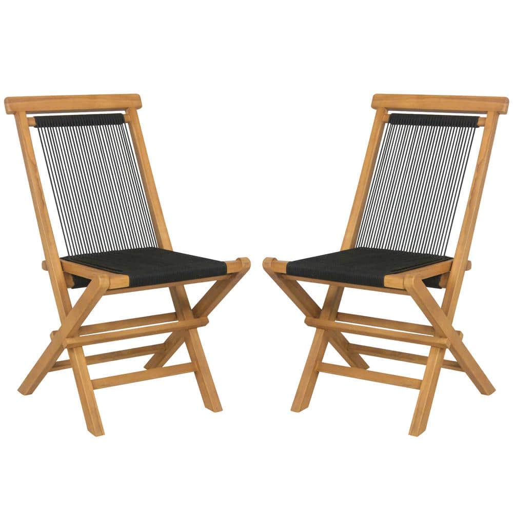 Natural Teak and Black Woven Rope Folding Patio Chairs, Set of 2