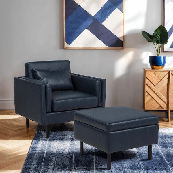 Waco Navy Blue Faux Leather Accent Chair with Ottoman