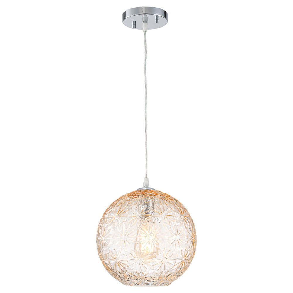 9.84 in. 60-Watt 1-Light Cognac-Colored Round Shaded Pendant Light with Gla