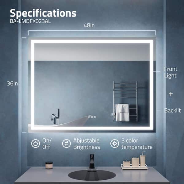 36 in. W x 48 in. H Large Rectangular Frameless LED Light Wall Mounted Bathroom Vanity Mirror with Defogger
