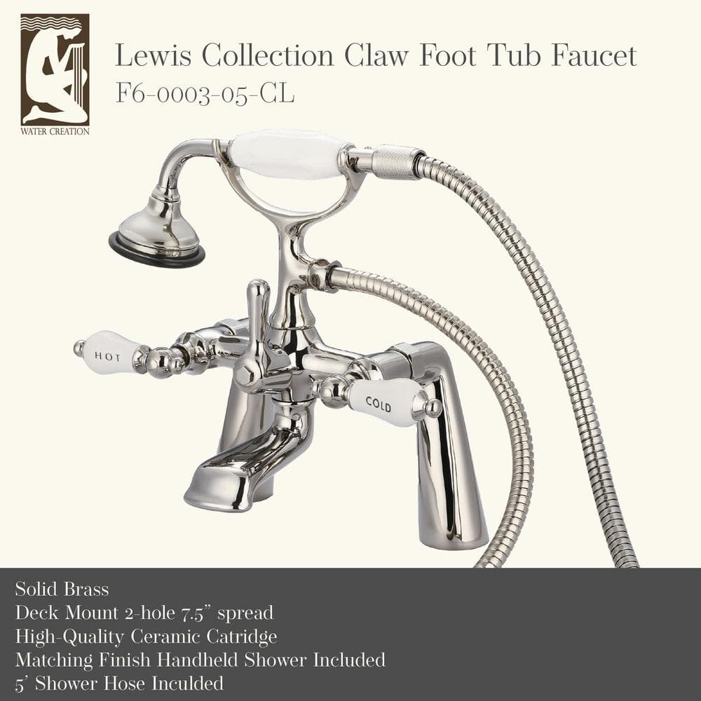 Elegant Polished Nickel Deck Mount Tub Faucet with Porcelain Lever Handles