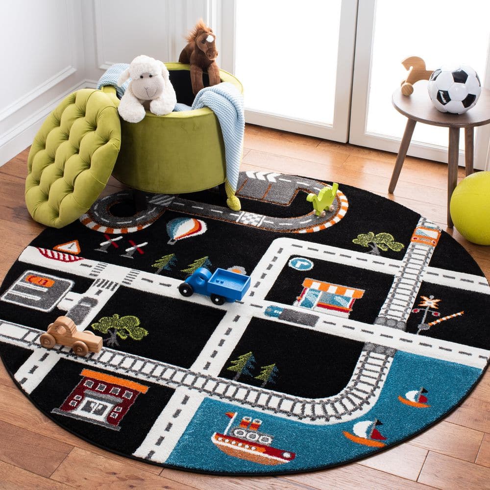 Carousel Kids 4 ft. x 4 ft. Round Black/Ivory Geometric Area Rug price history on PriceWatchPro