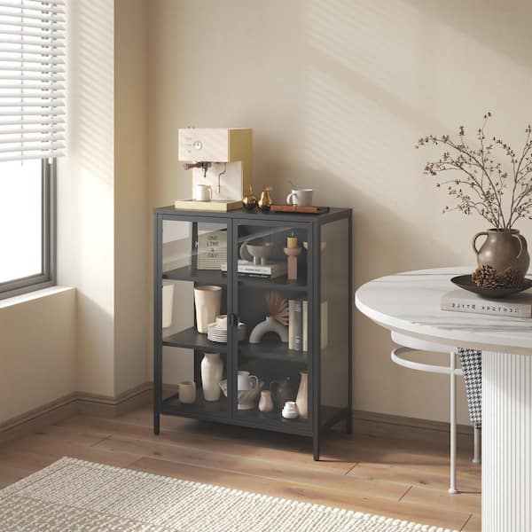 Glamour Home Benzion 39.96 in. Tall" Black Steel 3-Shelf 2-Door Storage Cabinet Bookcase with Clear Doors