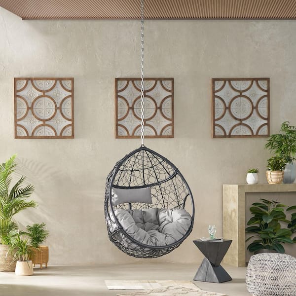 Unbranded Outdoor Metal Hanging Swing Chair with 8ft. Chain, Water-Resistant Cushions, Gray+Black Backyards, Porches, Poolside