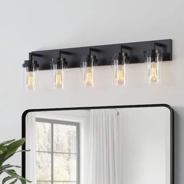 36 in. 5-Light Black Vanity Light with Clear Glass Shade