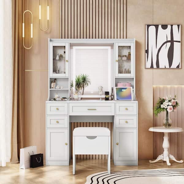 White Makeup Vanity Set with Cushioned Storage Stool, Mirror and Drawers