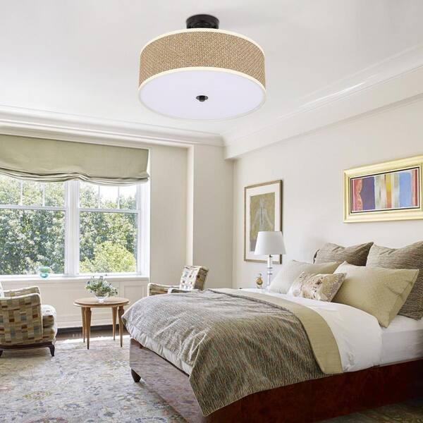 OUKANING 16.9 in. 3-light Brown Modern Rattan Semi-flush Mount