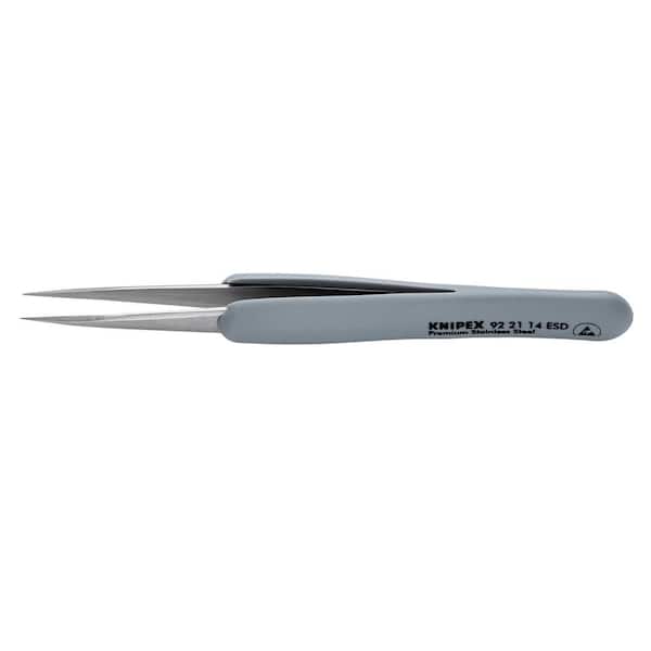 KNIPEX 4 in. Premium Stainless Steel Precision Tweezers-Pointed Tips-ESD Rubber Handles