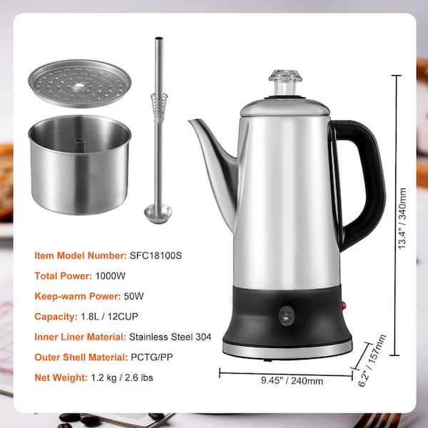VEVOR 12-Cup Electric Percolator Coffee Pot, 304 Stainless Steel Coffee Percolator with Keep Warm Function & Heat-Resistant Handle