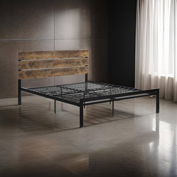 Benjara Black and Brown Metal Frame Queen Platform Bed with Tufted Headboard