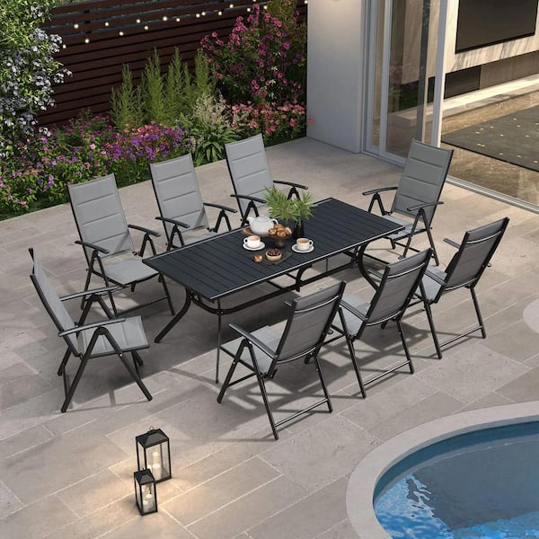 PURPLE LEAF 9-Piece Outdoor Patio Dining Set with Aluminum Frame Grey Folding Chairs and Black Table