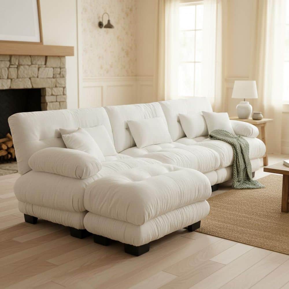 MINH 133.8 in. Pillow Top Arm 4-piece Chenille Modular L-Shaped Deep Seat Sectional Sofa with Ottoman in Alabaster White