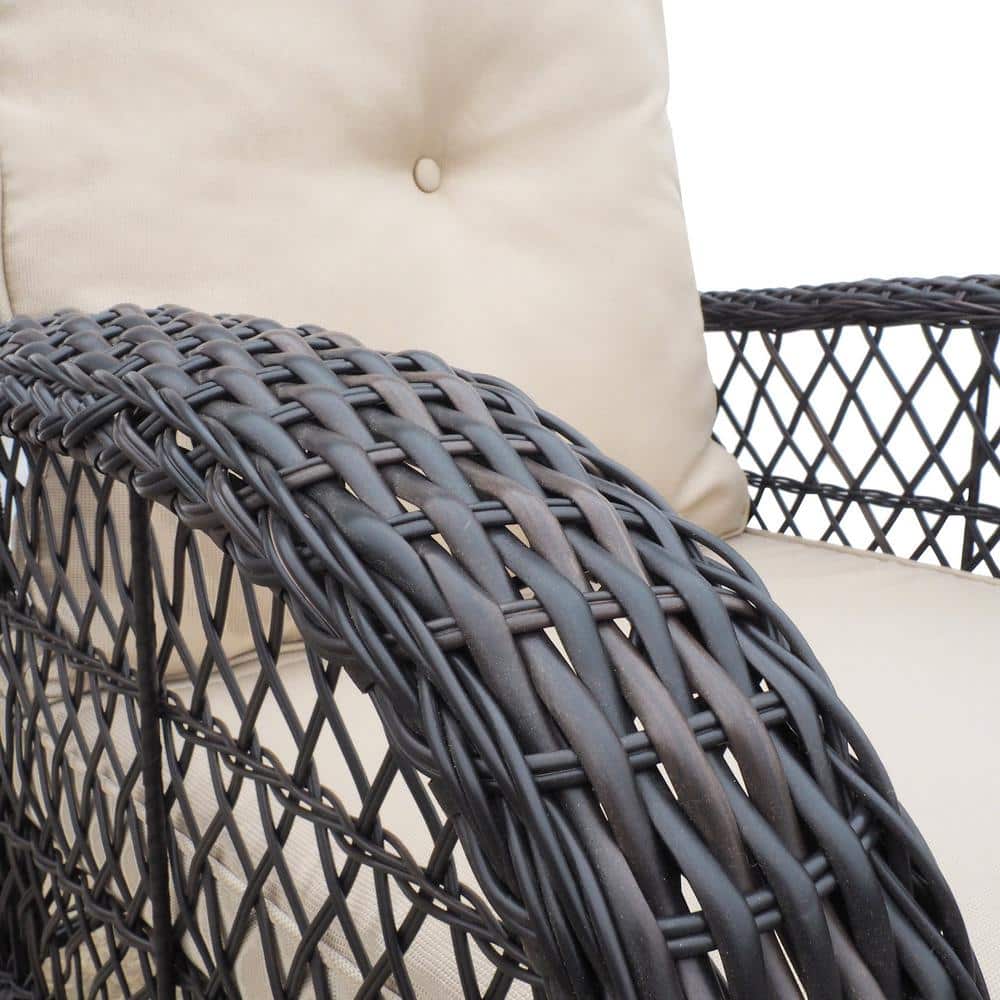 Beige Cushioned Wicker Rocking Armchair with Brown Frame