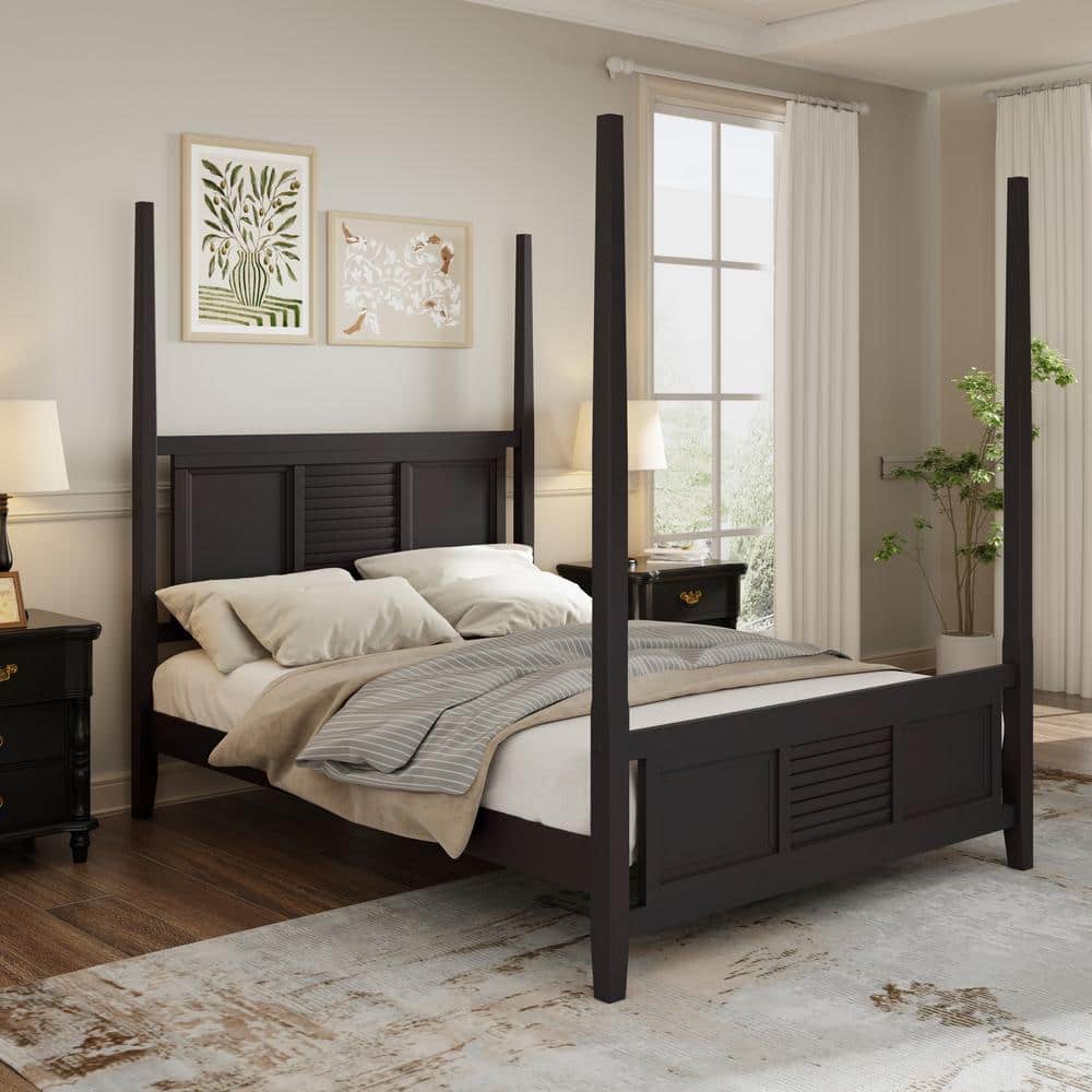 Qualler Espresso Brown Wood Frame King Size Four Poster Bed with Horizontal Grille Design FSUPBE481P The Home Depot