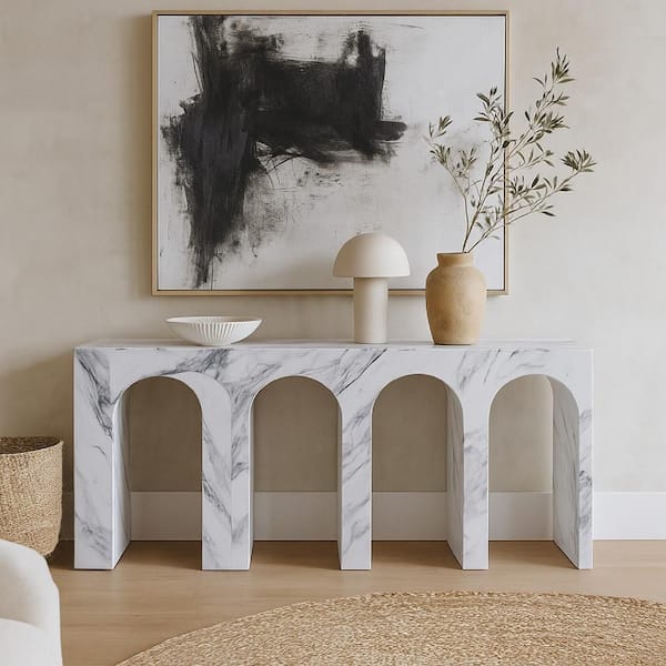Ritzy 59 in. White Rectangle Wood and Faux Stone Console Table with Arched Design