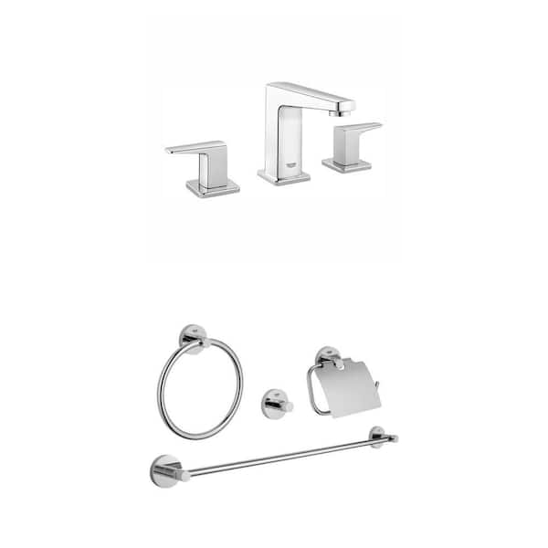 Essentials Master Bath 4-Piece Hardware Set and Tallinn 8 in. Widespread Faucet in StarLight Chrome Combo