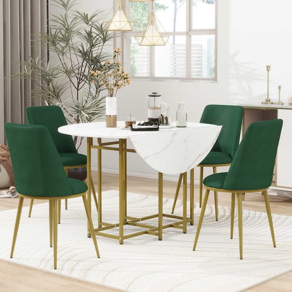 5-Piece Round Extendable White/Green Wood Top Dining Table Set Seats 4 with 4 Upholstered Chairs