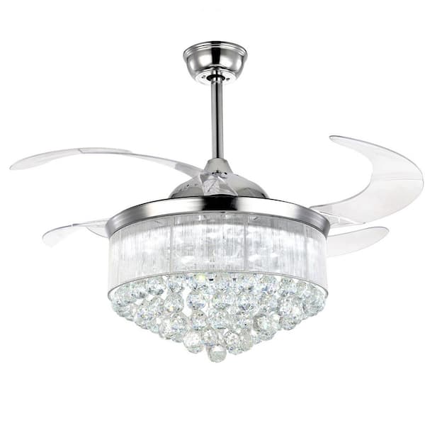 ANTOINE 42 in. Chrome Integrated LED Indoor Ceiling Fan with Lights Retractable Blades Crystal Smart Remote Control Included