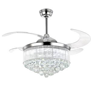 42 in. Chrome Integrated LED Indoor Ceiling Fan with Lights Retractable Blades Crystal Smart Remote Control Included