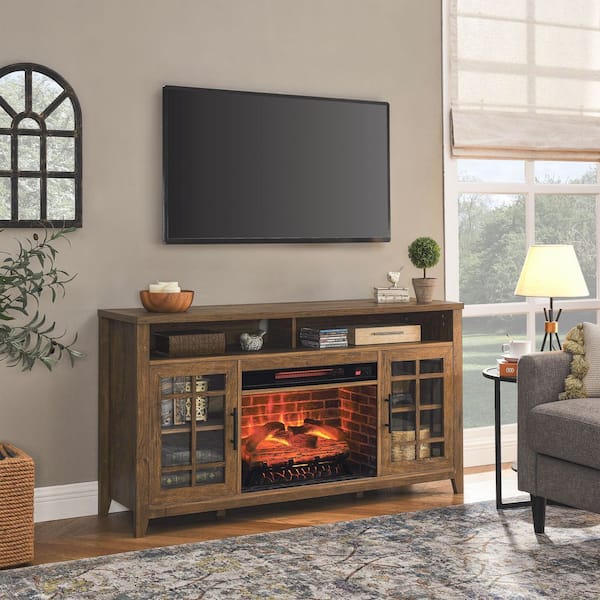 55 in. Embedded Wall Mount Electric Fireplace TV Media Stand in Reclaimed Barnwood Color