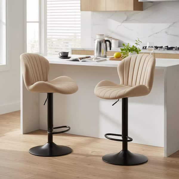43.5 in. H Beige Low Back Bar Stool with PU Leather Seat Set of 2 Adjustable 360° Swivel