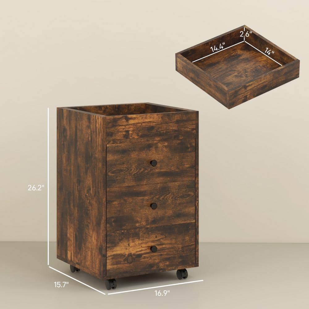 HOMCOM Brown 3-Drawer Mobile File Cabinet with Removable Tray