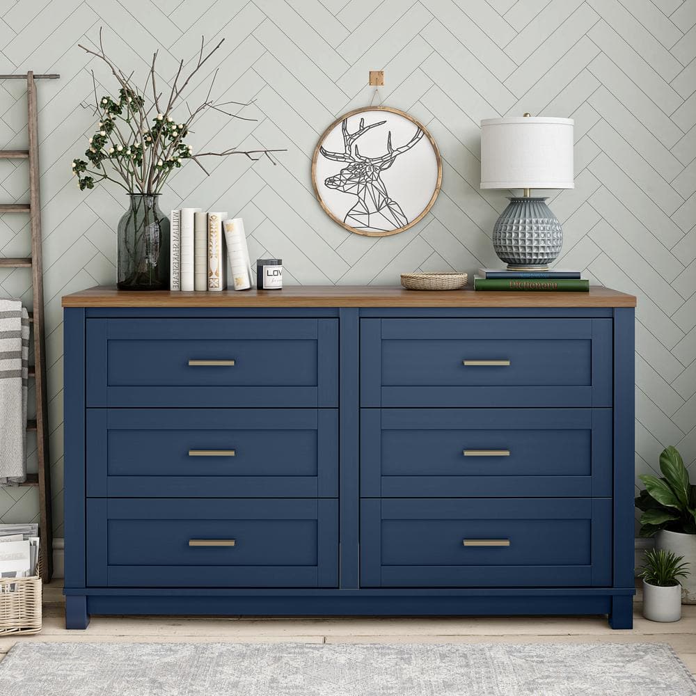 Charleswood 6-Drawer Wide Dresser, Navy with Walnut top