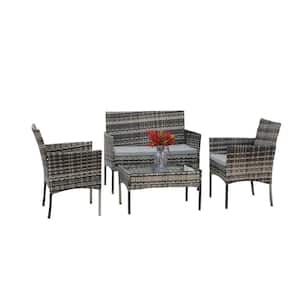 Daphne 4-Piece Gray Wicker and Metal Frame Patio Conversation Set with Gray Cushions