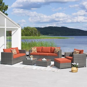 Victorie Gray 9-Piece Big Size Wicker Outdoor Patio Conversation Seating Set with Orange Red Cushions