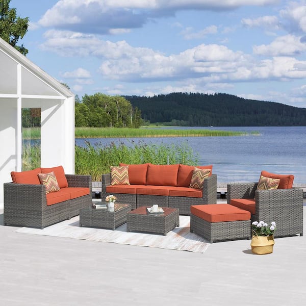 OVIOS Victorie Gray 9-Piece Big Size Wicker Outdoor Patio Conversation Seating Set with Orange Red Cushions