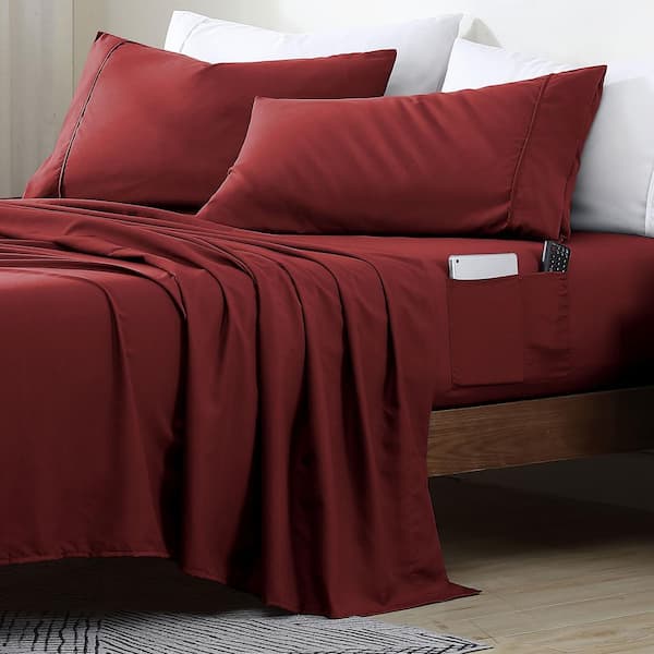swift home Queen Size Microfiber Sheet Set with 8 in. Double Storage Side Pockets, Burgundy