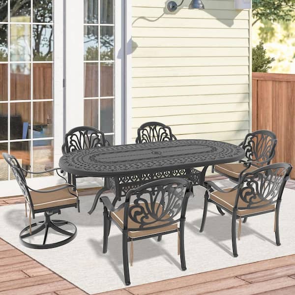 Black 7-Piece Cast Aluminum Oval Outdoor Dining Set with Swivel Chairs and All-Weather Cushions