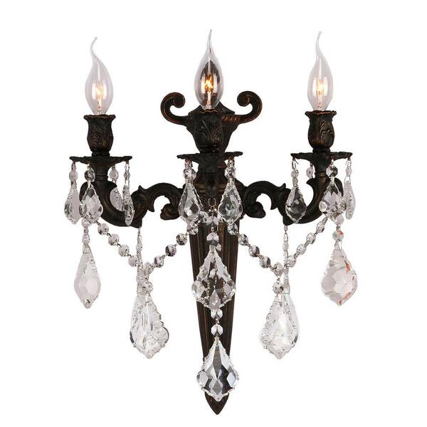 Worldwide Lighting Versailles Collection 3-Light Flemish Brass Sconce with Clear Crystal