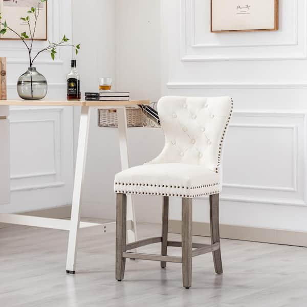 Harper 24 in. High Back Nail Head Trim Button Tufted Cream Velvet Counter Stool with Solid Wood Frame in Antique Gray