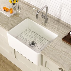 White Fireclay 24 in. Single Bowl round Corner Farmhouse Apron Kitchen Sink with Bottom Grid and Basket Strainer
