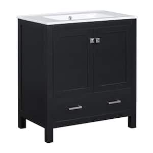 30 in. W Single Sink Freestanding Bath Vanity in Black with White Ceramic Top, 2 Doors and a Drawer