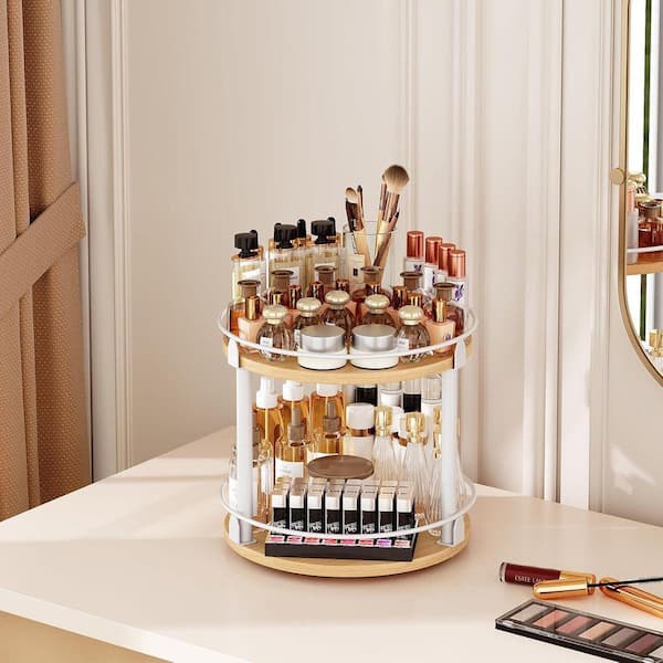 2 Tier Metal Rotating Spice Rack for Kitchen Countertop, Compact and Versatile, White and Natural