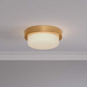 Leavells 13.25 in. 2-Light Brushed Gold Drum Flush Mount with Frosted Glass Shade and No Bulbs Included (1-Pack)