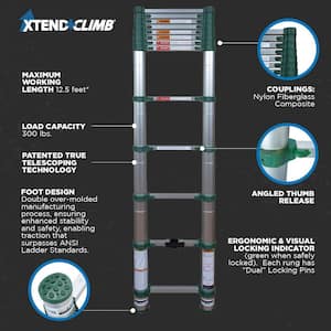 12.5 ft. Aluminum Telescoping Extension Ladder (16.5 Reach Height), 300 lbs. Load Capacity ANSI Type 1A Duty Rating