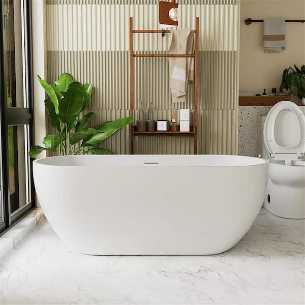 INSTER VALLEY 62 in. White Acrylic Flatbottom Oval Freestanding Tub Bowl Shaped Soaking Non-Whirlpool Bathtub