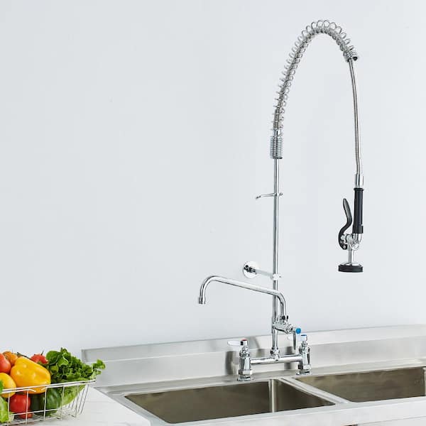 Commercial Faucet 44 in. Double Handle Pull Down Sprayer Kitchen Faucet for 1/2/3 Compartment Sink in Silver