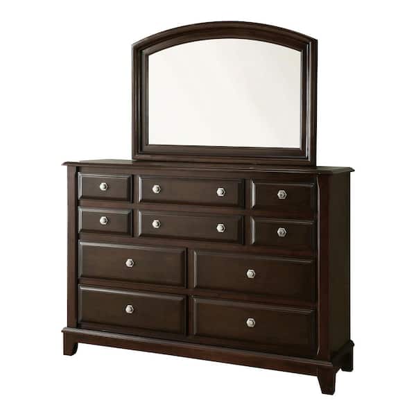 Furniture of America Vermo Brown Cherry 10-Drawer 64 in. Wide Dresser with Mirror